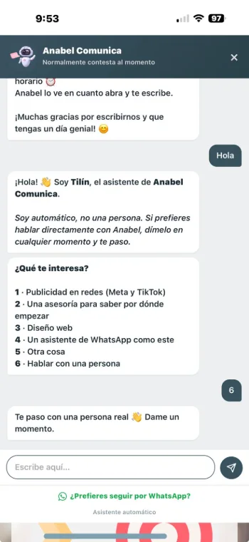 Chat de la web en el móvil: Tilín ofrece el menú y avisa de que pasa la conversación a una persona